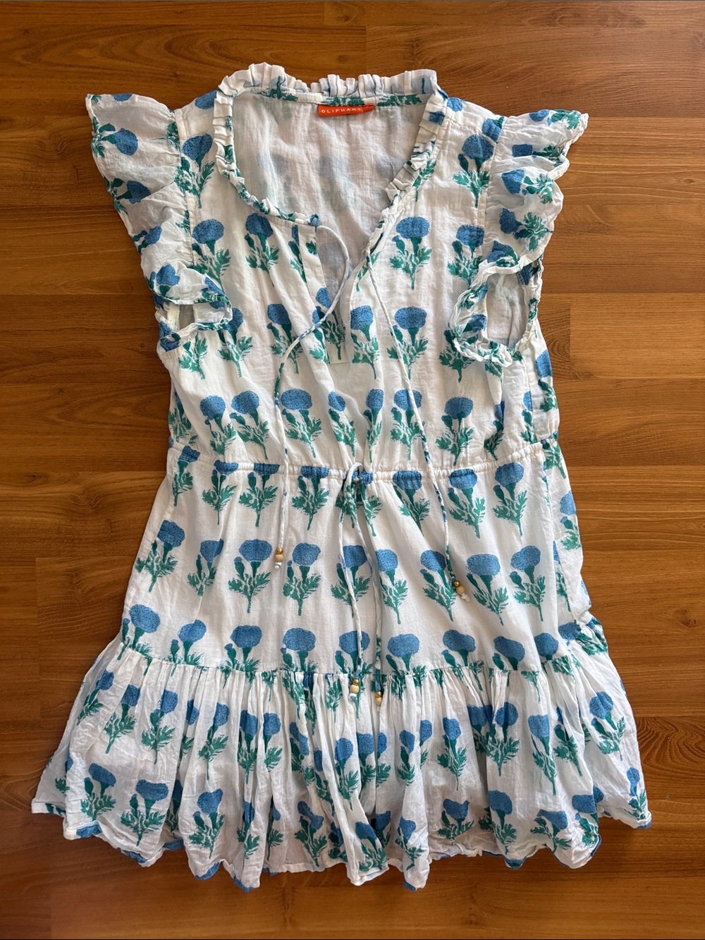 Oliphant White Mini Dress with Blue and Green Floral Print
